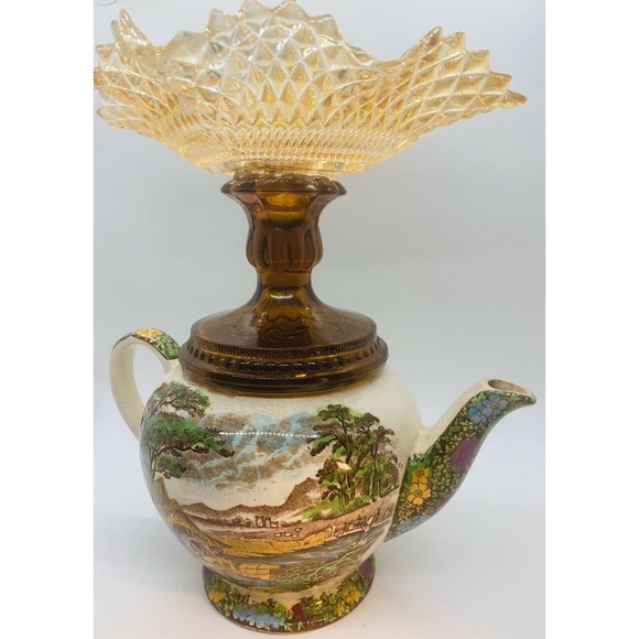 Antique Sadler "The Old Mill" Teapot Federal Glass Candy Dish Made in England - Picture 7 of 11